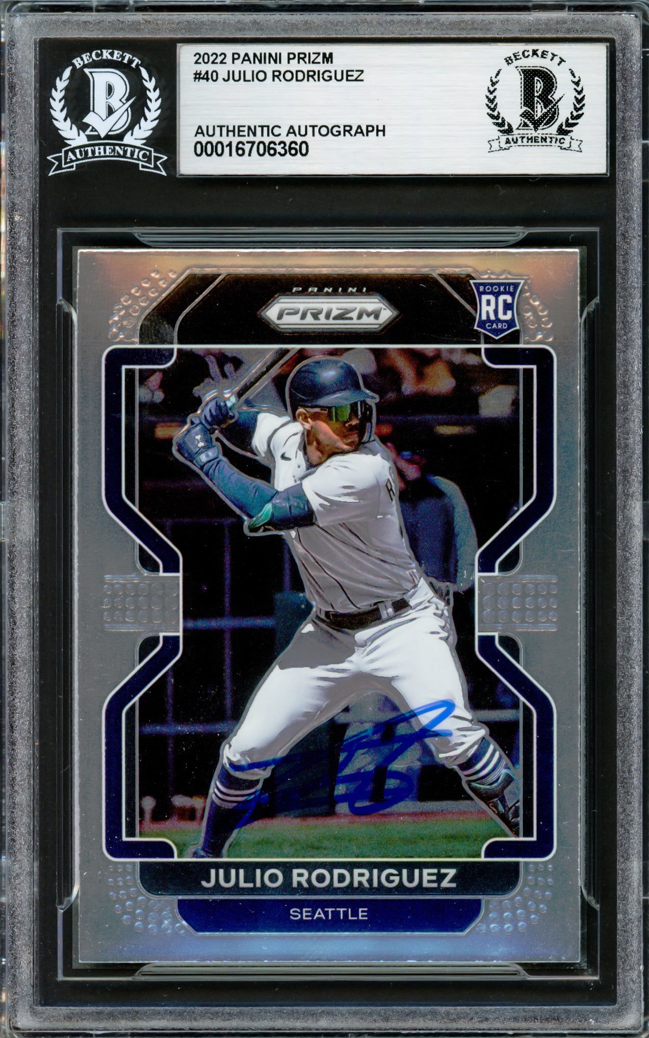 Julio Rodriguez Autographed 2022 Panini Prizm Rookie Card #40 Seattle Mariners Beckett BAS Stock #228014