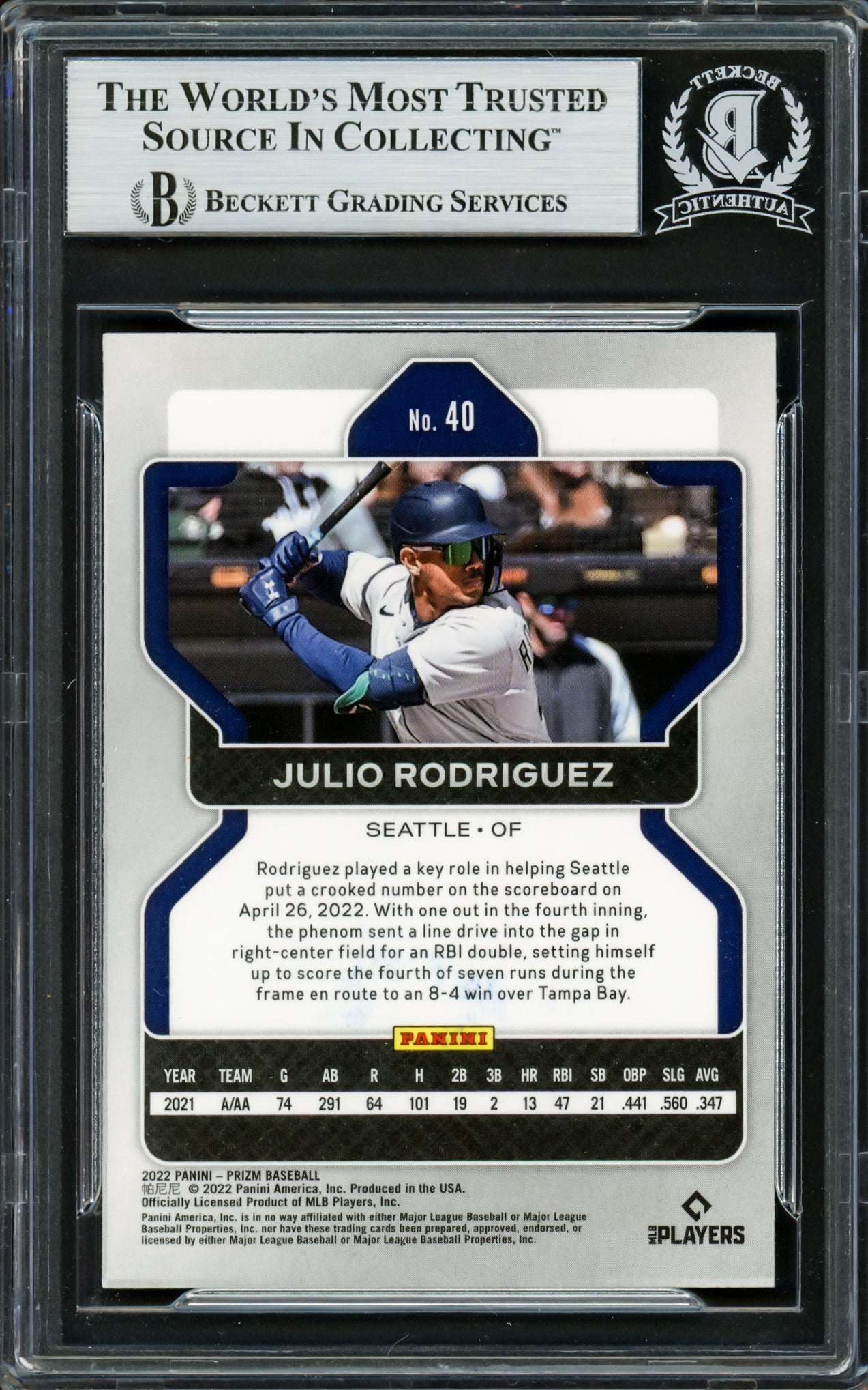 Julio Rodriguez Autographed 2022 Panini Prizm Rookie Card #40 Seattle Mariners Beckett BAS Stock #228014
