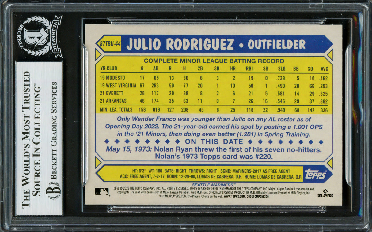 Julio Rodriguez Autographed 2022 Topps 35th Anniversary Update Rookie Card #87TBU-44 Seattle Mariners Beckett BAS Stock #228016