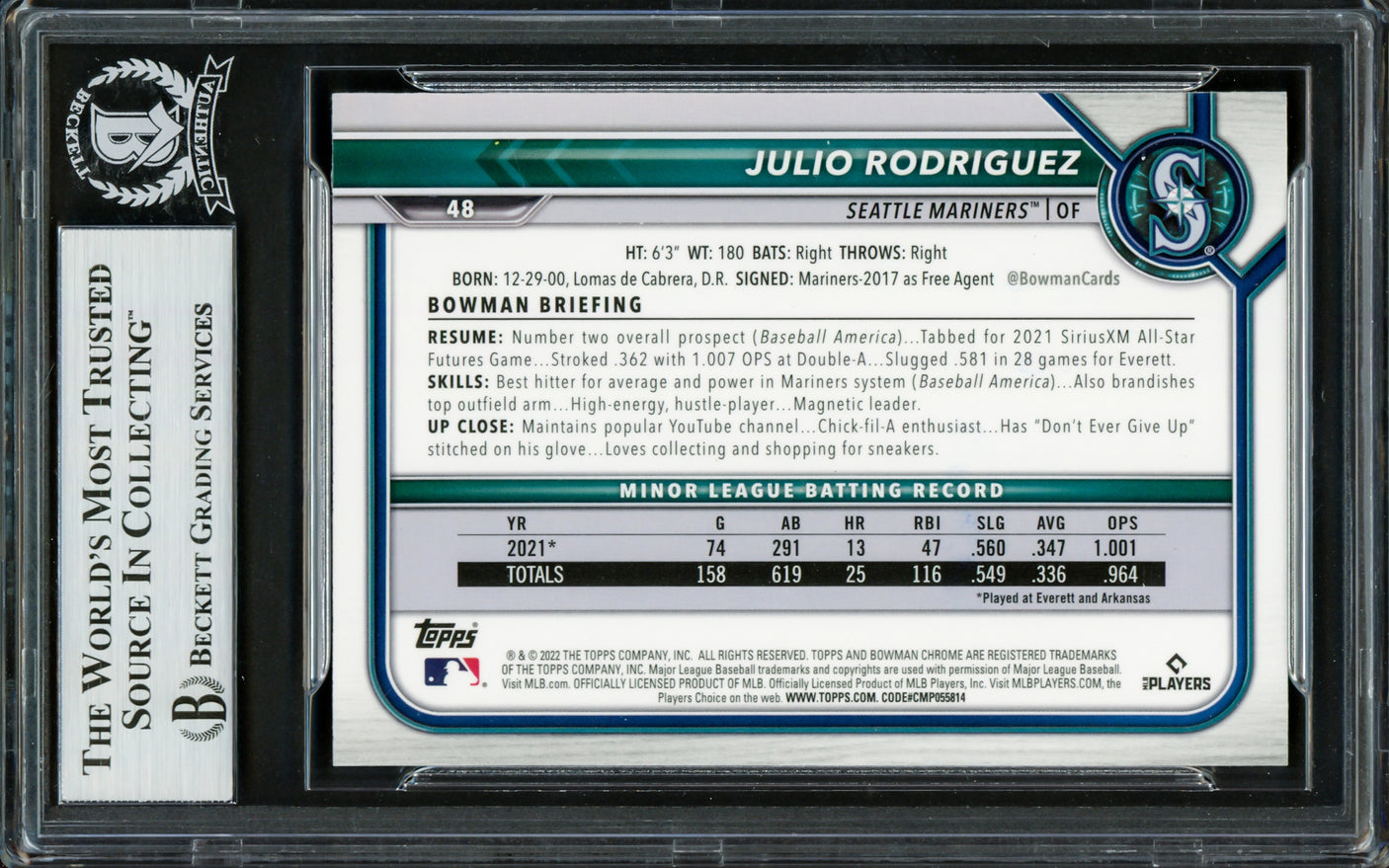 Julio Rodriguez Autographed 2022 Bowman Chrome Rookie Card #48 Seattle Mariners Beckett BAS Stock #228018