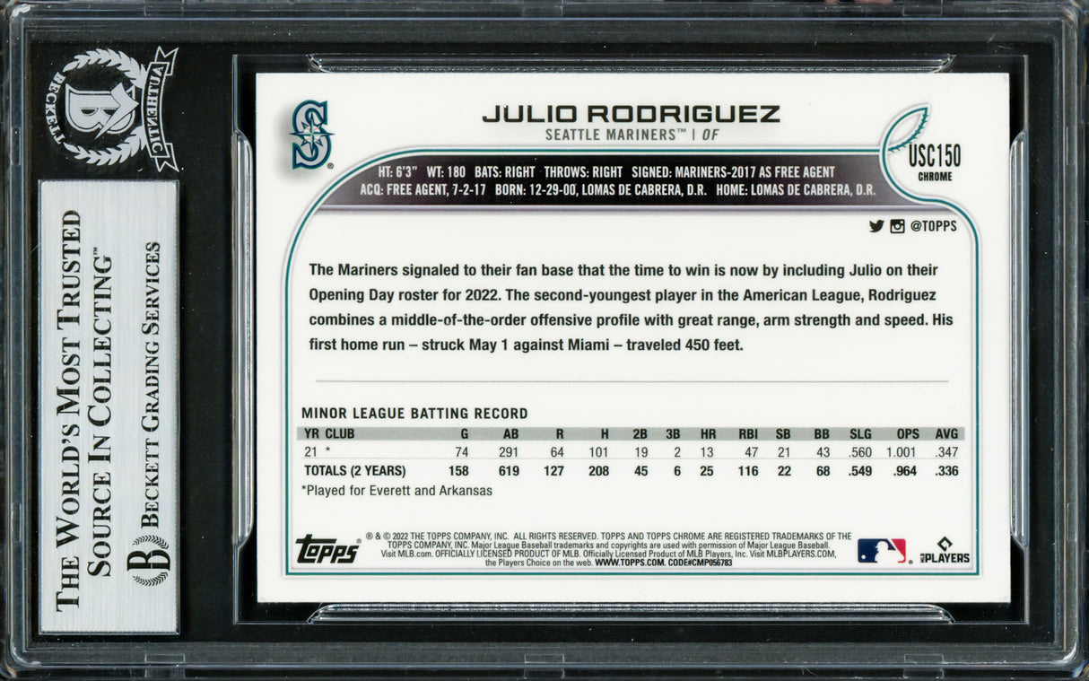 Julio Rodriguez Autographed 2022 Topps Chrome Update Purple Refractors Rookie Card #USC150 Seattle Mariners Beckett BAS Stock #228019