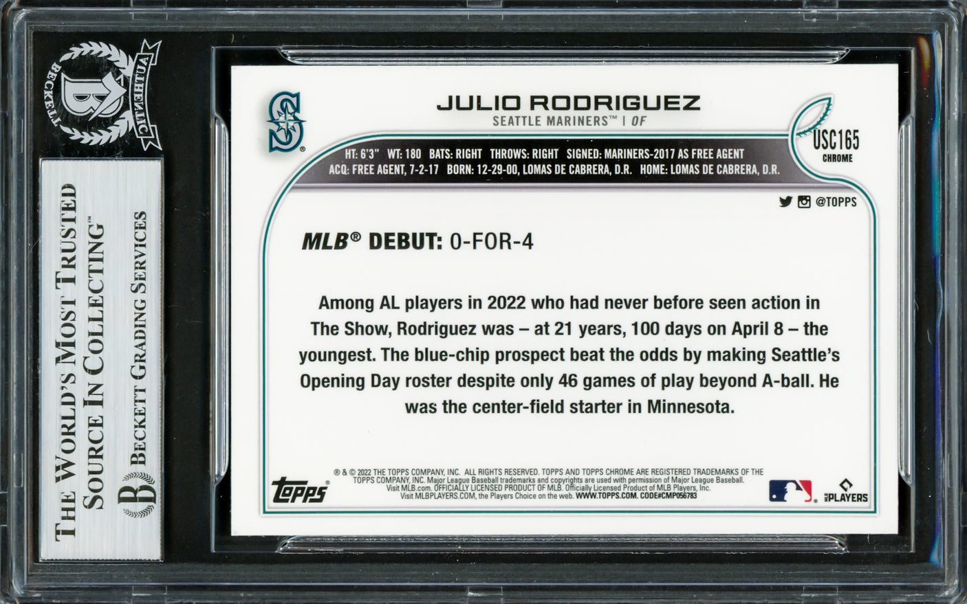 Julio Rodriguez Autographed 2022 Topps Chrome Update Purple Refractors Rookie Card #USC165 Seattle Mariners Beckett BAS Stock #228020