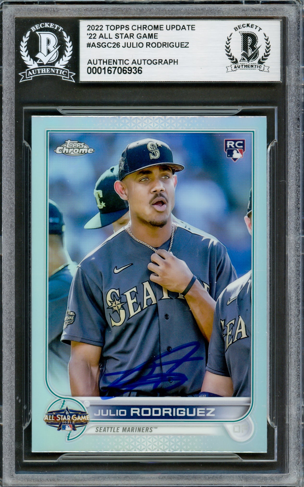 Julio Rodriguez Autographed 2022 Topps Chrome Update All Star Refractors Rookie Card #ACGC-26 Seattle Mariners Beckett BAS Stock #228021