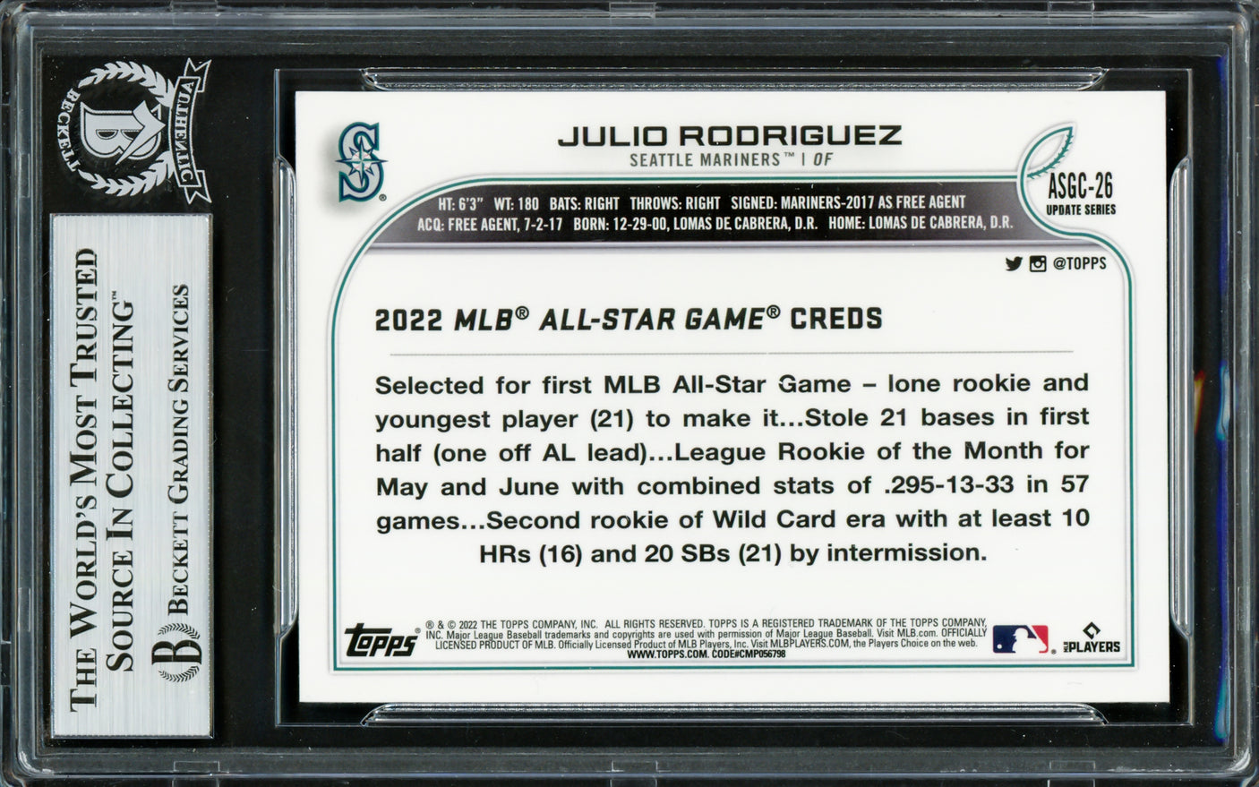 Julio Rodriguez Autographed 2022 Topps Chrome Update All Star Refractors Rookie Card #ACGC-26 Seattle Mariners Beckett BAS Stock #228021