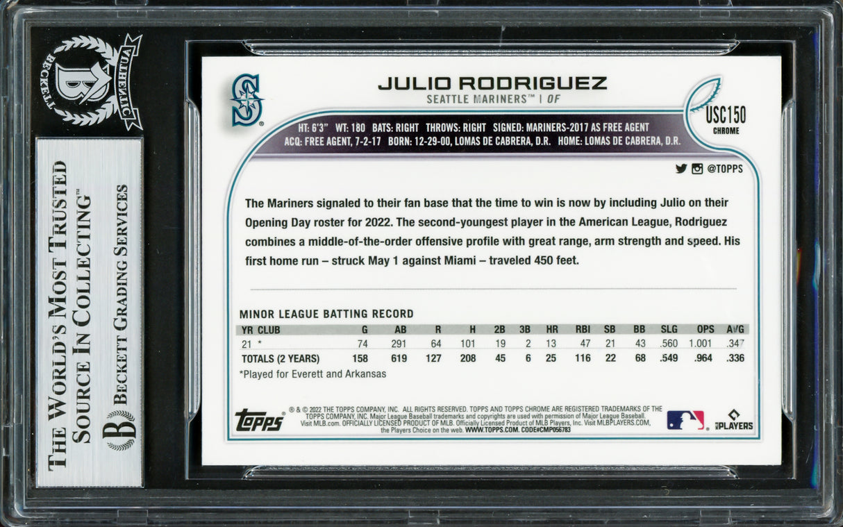 Julio Rodriguez Autographed 2022 Topps Chrome Update Rookie Card #USC150 Seattle Mariners Beckett BAS Stock #228022
