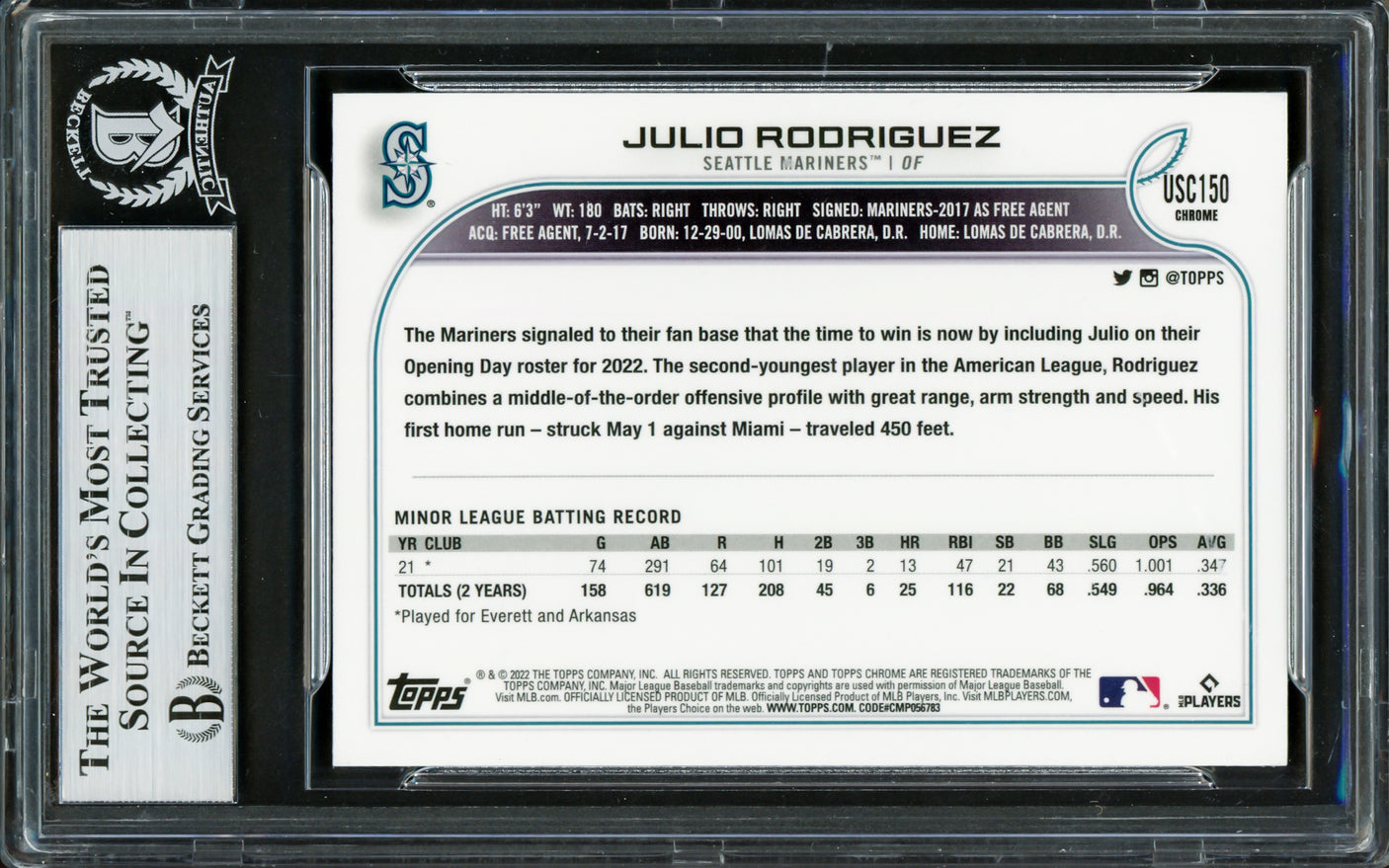 Julio Rodriguez Autographed 2022 Topps Chrome Update Rookie Card #USC150 Seattle Mariners Beckett BAS Stock #228022