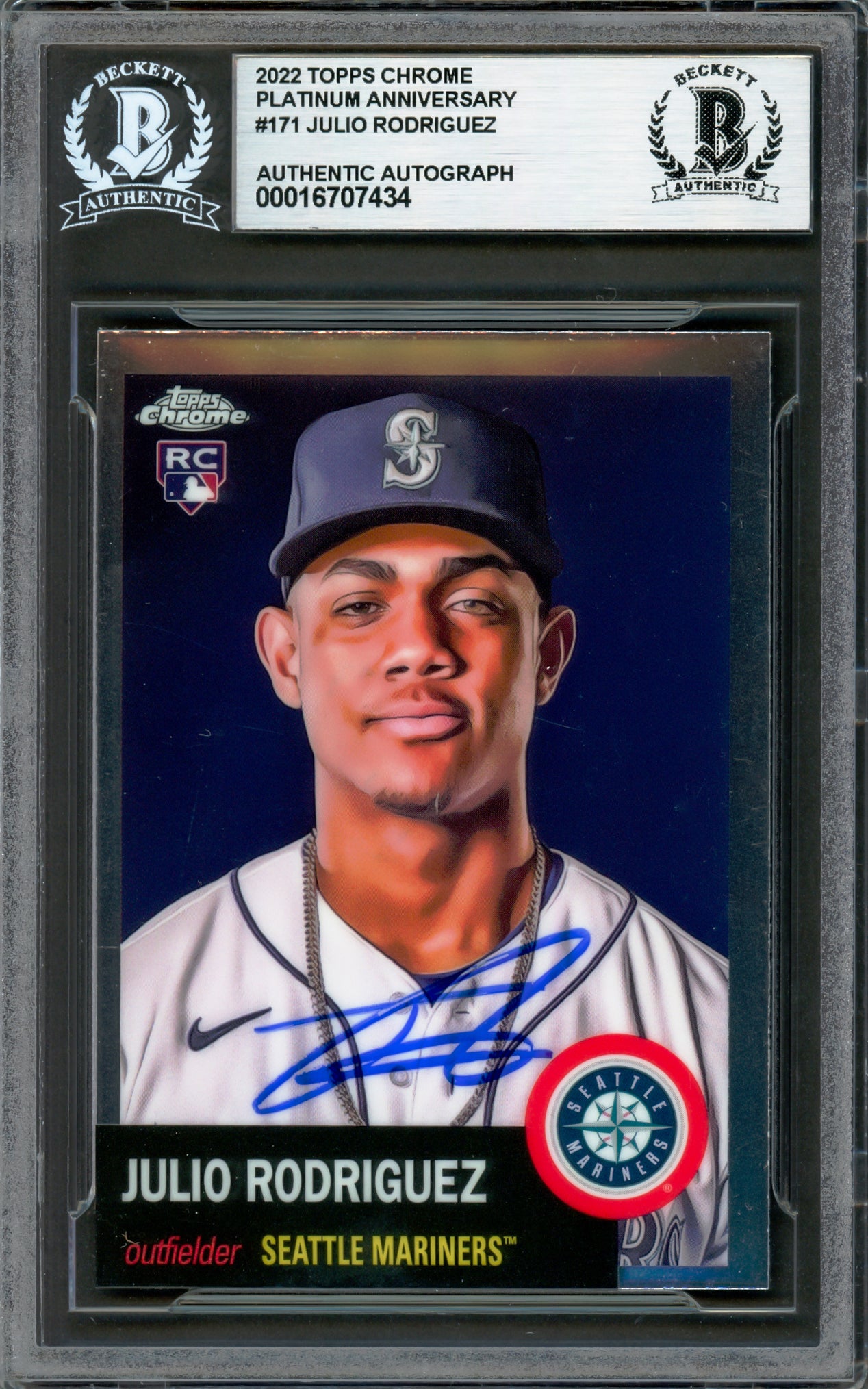 Julio Rodriguez Autographed 2022 Topps Chrome Platinum Anniversary Rookie Card #171 Seattle Mariners Beckett BAS Stock #228024