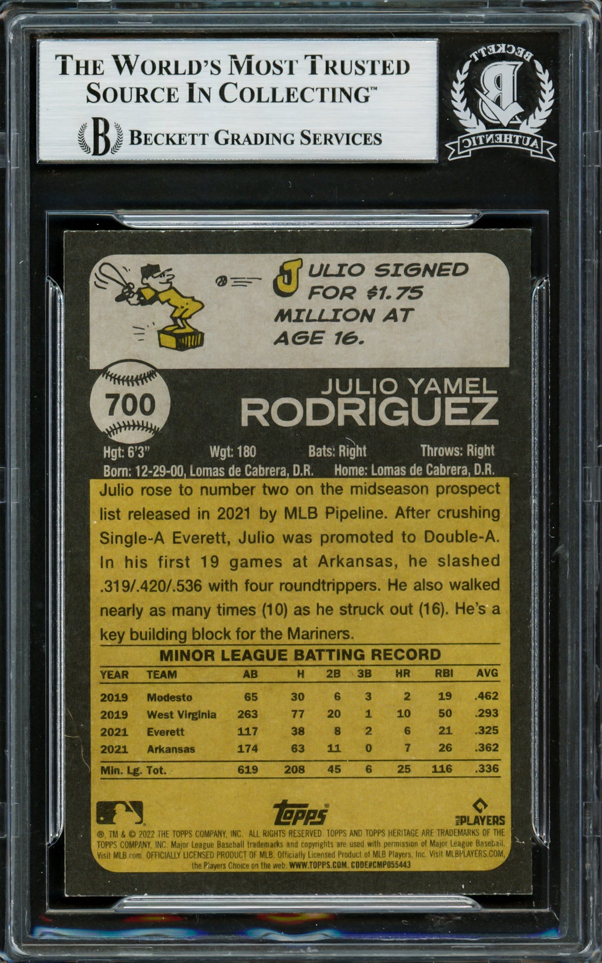 Julio Rodriguez Autographed 2022 Topps Heritage Rookie Card #700 Seattle Mariners Beckett BAS Stock #228025