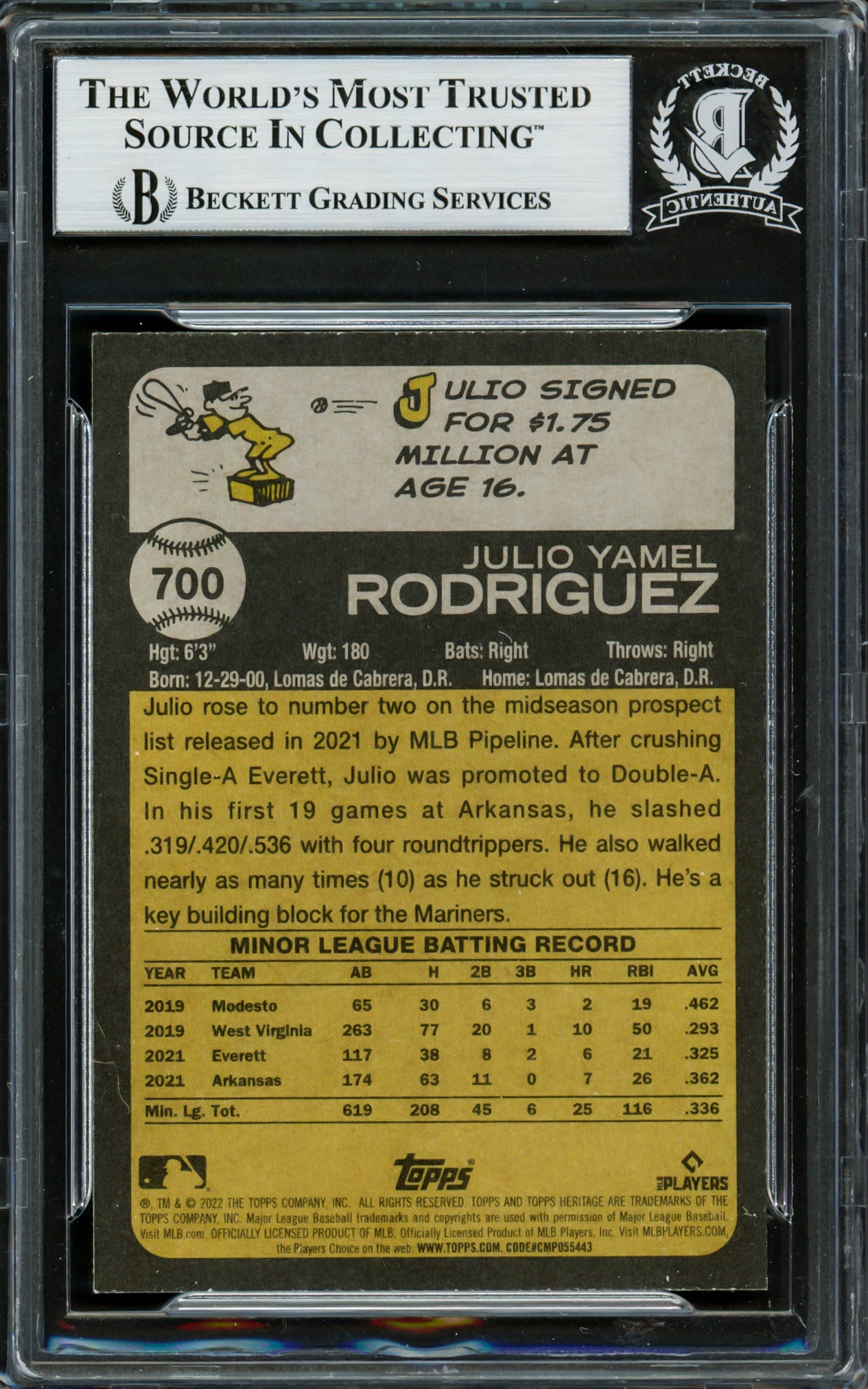 Julio Rodriguez Autographed 2022 Topps Heritage Rookie Card #700 Seattle Mariners Beckett BAS Stock #228025