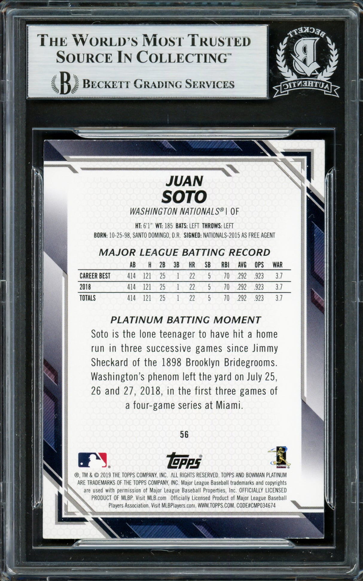 Juan Soto Autographed 2019 Bowman Platinum Card #56 New York Mets Beckett BAS Stock #228026