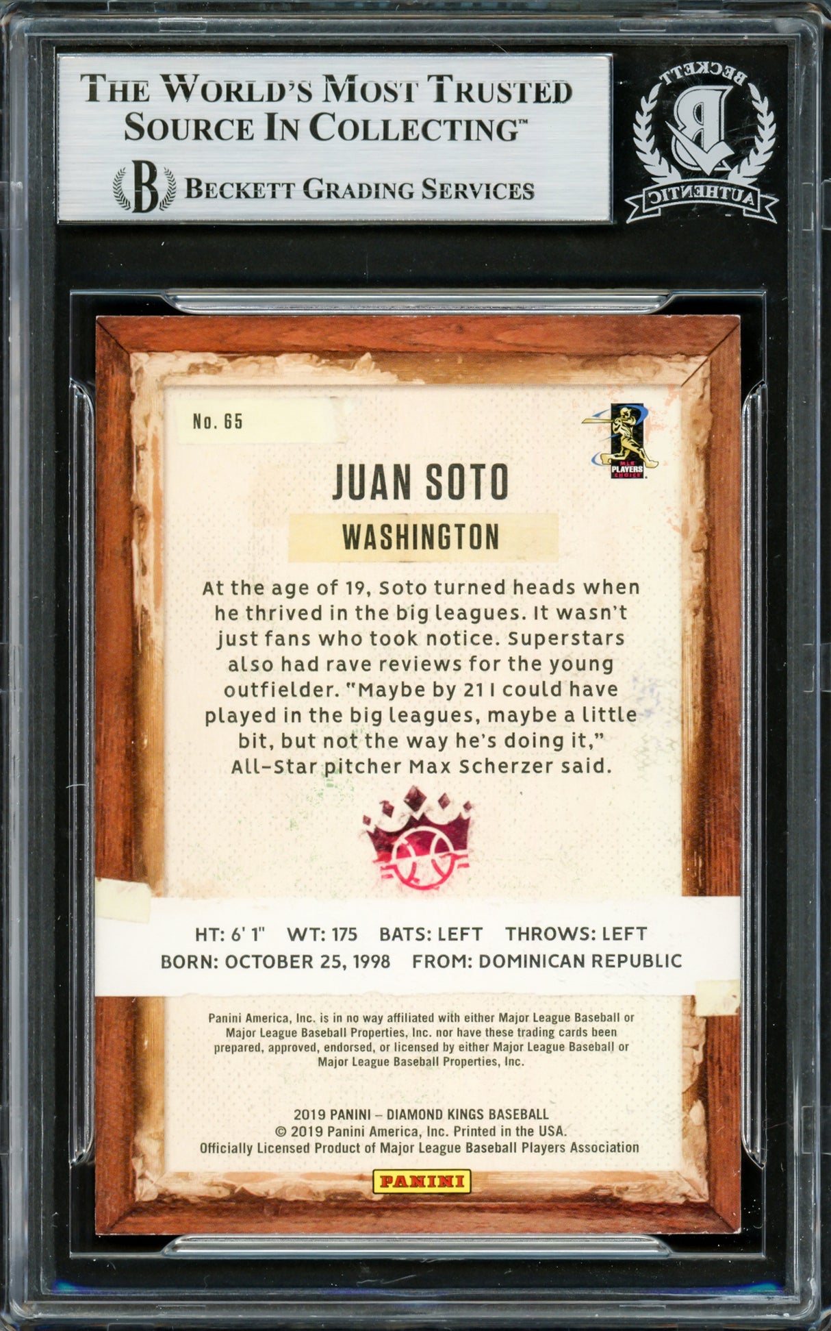 Juan Soto Autographed 2019 Donruss Diamond Kings Card #65 New York Mets Beckett BAS Stock #228028