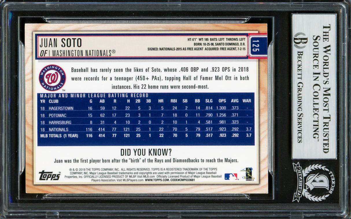 Juan Soto Autographed 2019 Topps Big League Card #125 New York Mets Beckett BAS Stock #228029