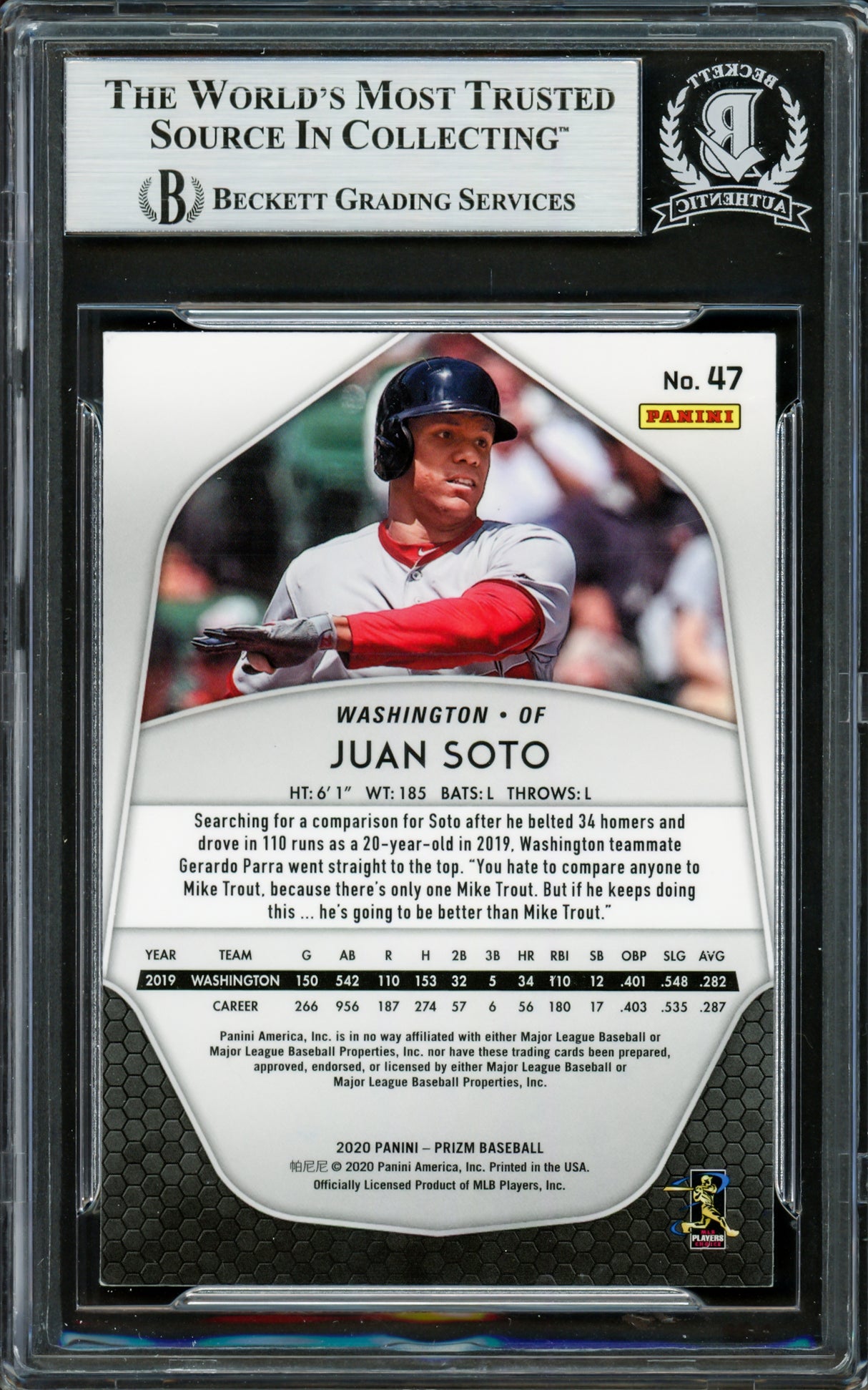 Juan Soto Autographed 2020 Panini Prizm Card #47 New York Mets Beckett BAS Stock #228034