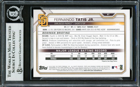 Fernando Tatis Jr. Autographed 2021 Bowman Card #87 San Diego Padres Beckett BAS Stock #228048