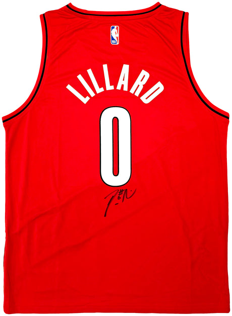 Portland Trailblazers Damian Lillard Autographed Red Fanatics Jersey Size L Beckett BAS QR Stock #214824
