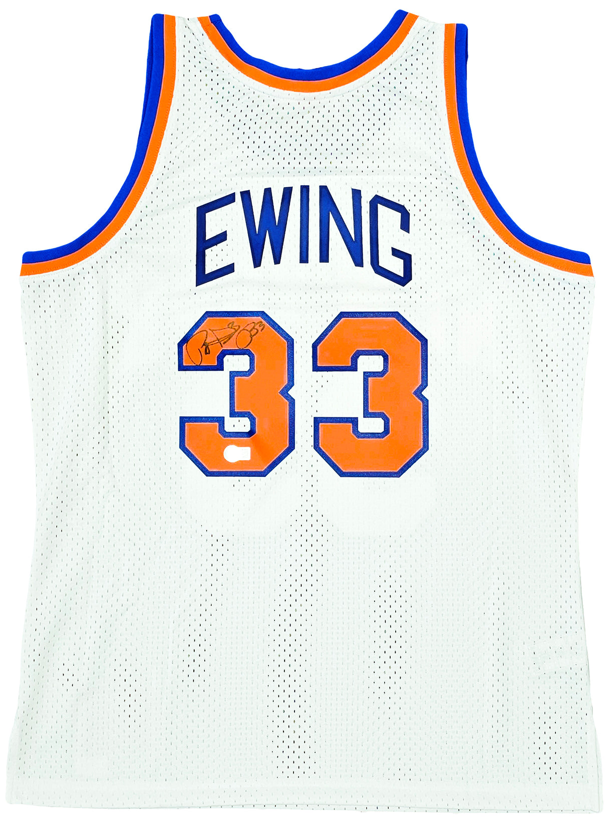 New York Knicks Patrick Ewing Autographed White Authentic Mitchell & Ness 1985-86 HWC Swingman Jersey Size L Beckett BAS Witness Stock #214820