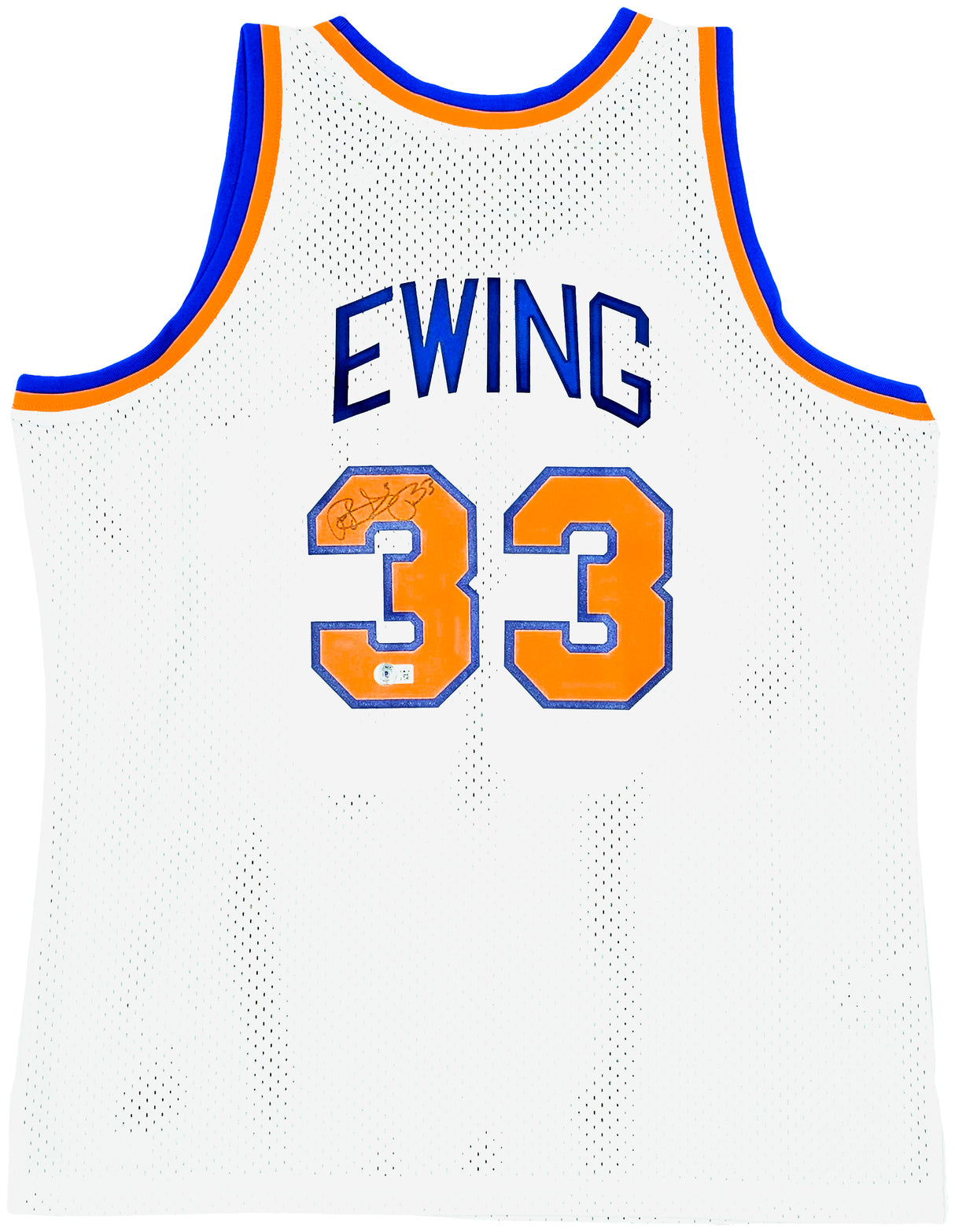 New York Knicks Patrick Ewing Autographed White Authentic Mitchell & Ness 1985-86 HWC Swingman Jersey Size XL Beckett BAS Witness Stock #214821
