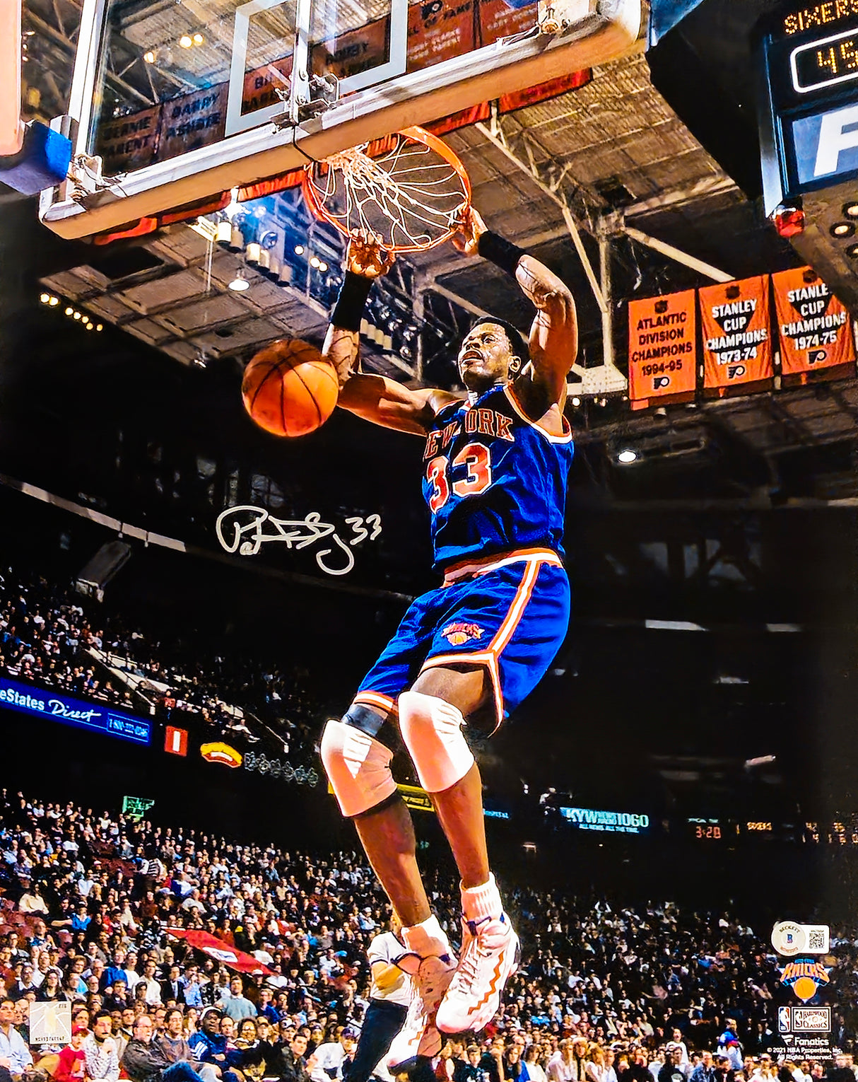 Patrick Ewing Autographed 16x20 Photo New York Knicks Dunk Beckett BAS Witness Stock #214822