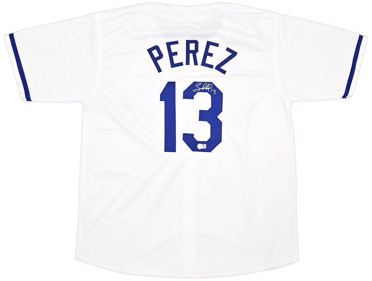 Kansas City Royals Salvador Perez Autographed White Jersey Beckett BAS Witness Stock #241645