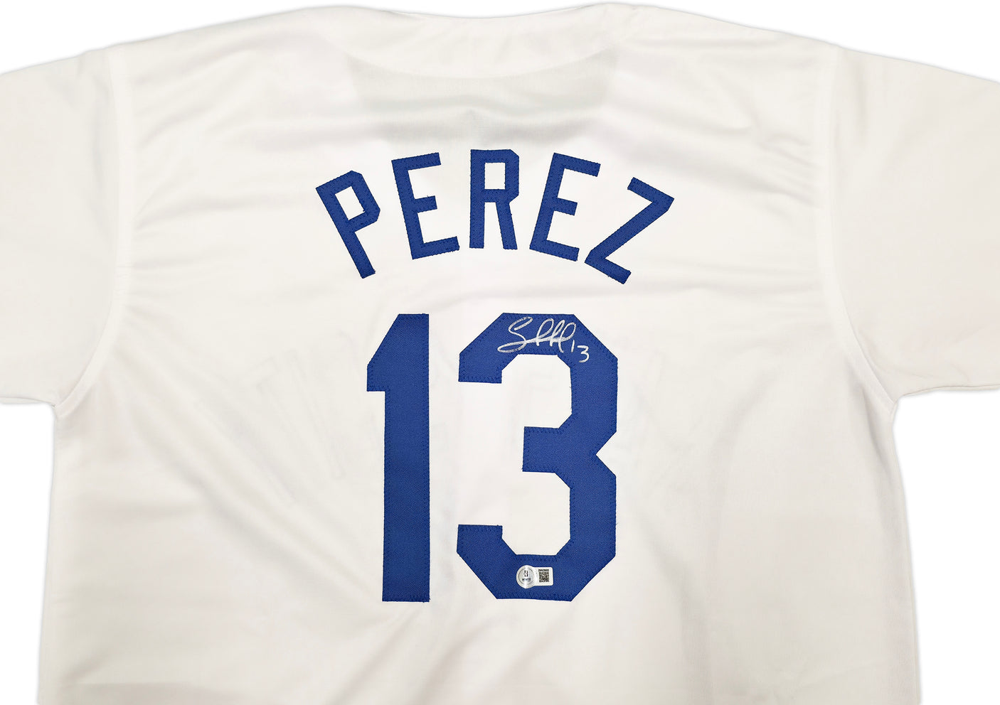 Kansas City Royals Salvador Perez Autographed White Jersey Beckett BAS Witness Stock #241645