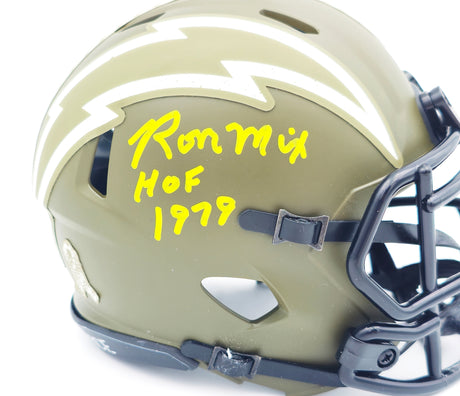 Ron Mix Autographed San Diego Chargers Army Green Salute to Service Speed Mini Helmet "HOF 1979" Beckett BAS Witness Stock #230075