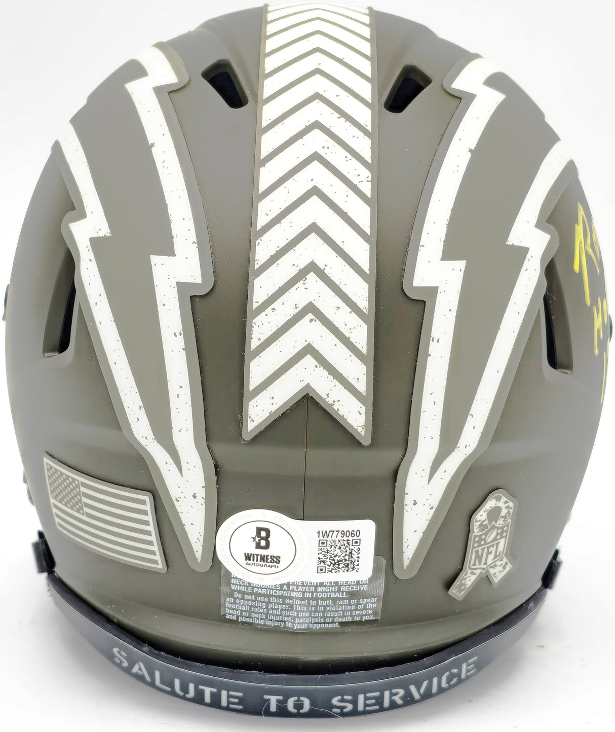 Ron Mix Autographed San Diego Chargers Army Green Salute to Service Speed Mini Helmet "HOF 1979" Beckett BAS Witness Stock #230075