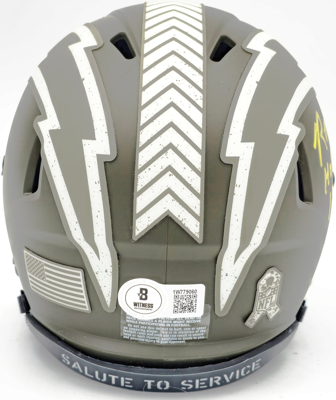Ron Mix Autographed San Diego Chargers Army Green Salute to Service Speed Mini Helmet "HOF 1979" Beckett BAS Witness Stock #230075