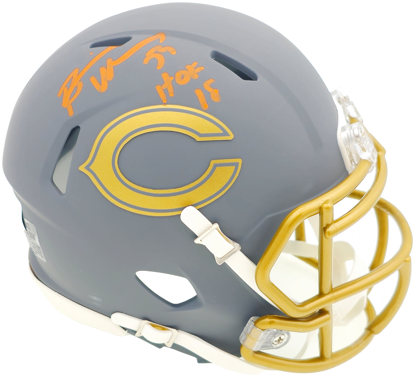 Brian Urlacher Autographed Chicago Bears Slate Gray Speed Mini Helmet "HOF 18" Beckett BAS Witness Stock #230080