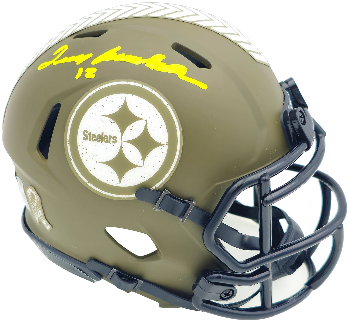 Terry Bradshaw Autographed Pittsburgh Steelers Army Green Salute to Service Speed Mini Helmet Beckett BAS Witness Stock #230084