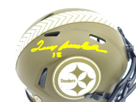 Terry Bradshaw Autographed Pittsburgh Steelers Army Green Salute to Service Speed Mini Helmet Beckett BAS Witness Stock #230084