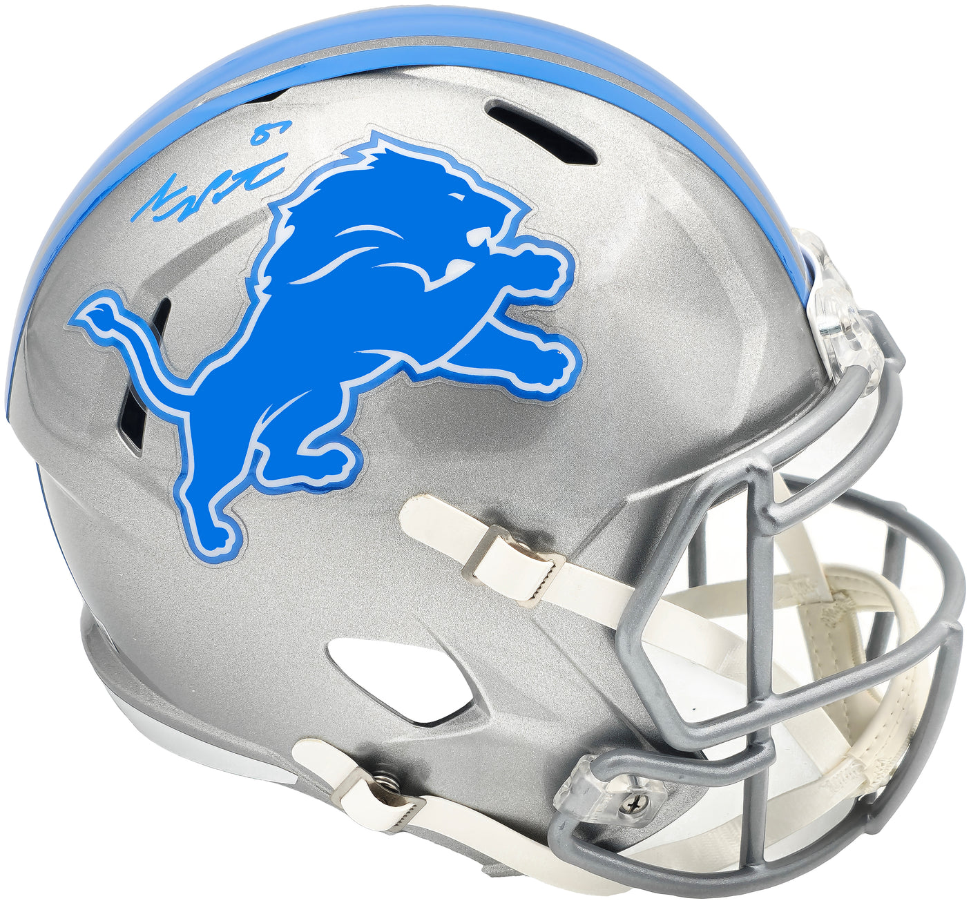 Sam LaPorta Autographed Detroit Lions Silver Full Size Replica Speed Helmet Beckett BAS Witness Stock #230024