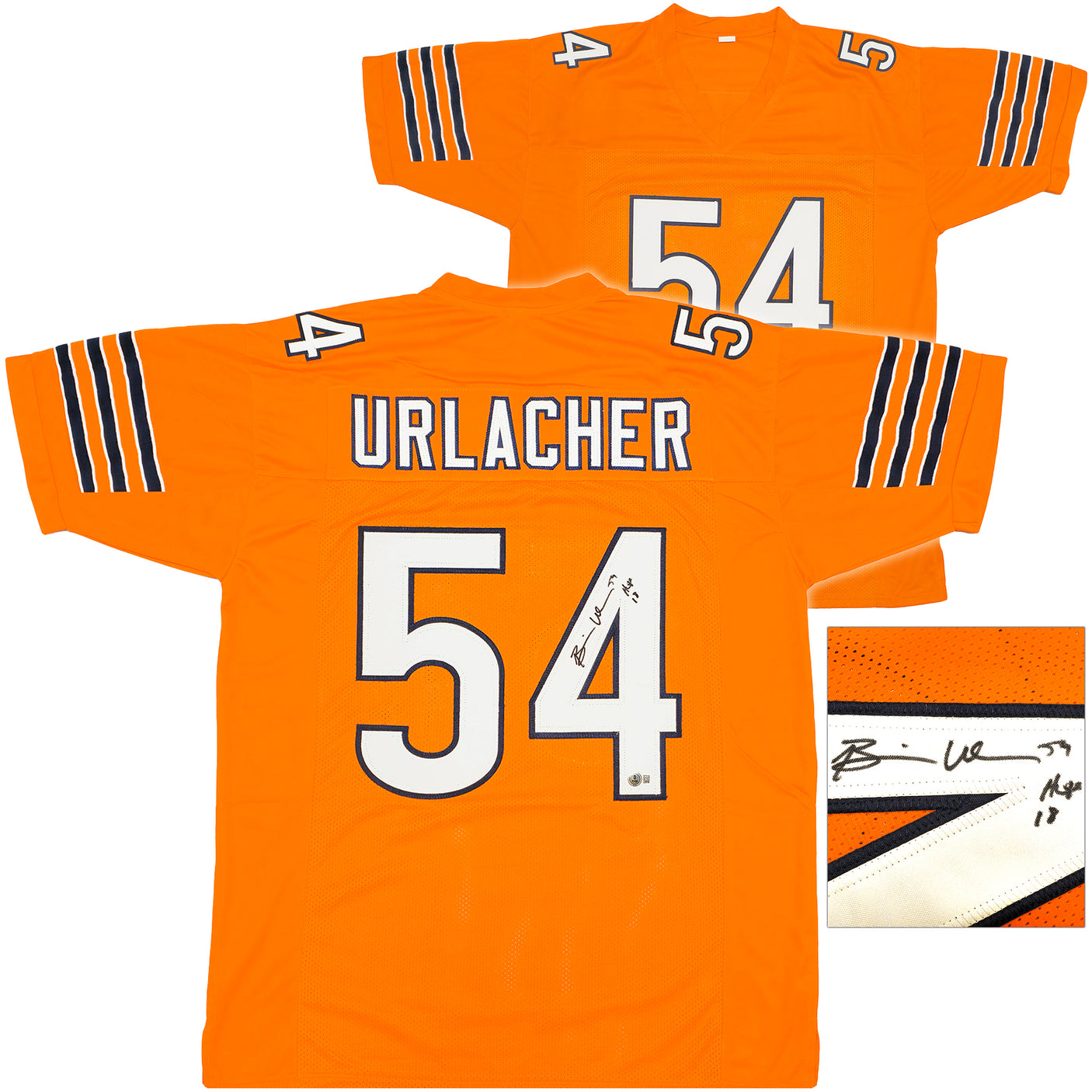 Chicago Bears Brian Urlacher Autographed Orange Jersey "HOF 18" Beckett BAS Witness Stock #230048
