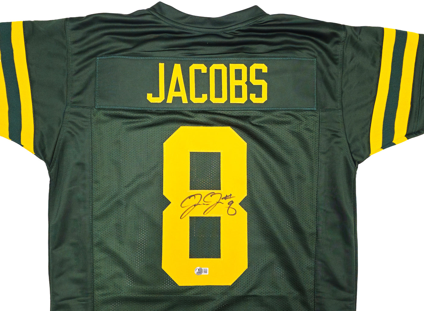 Green Bay Packers Josh Jacobs Autographed Green Throwback Jersey Beckett BAS Witness Stock #230044