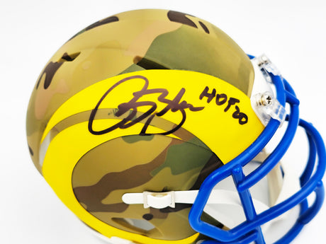 Isaac Bruce Autographed St. Louis Rams Camo Speed Mini Helmet "HOF 20" Beckett BAS Witness Stock #230120