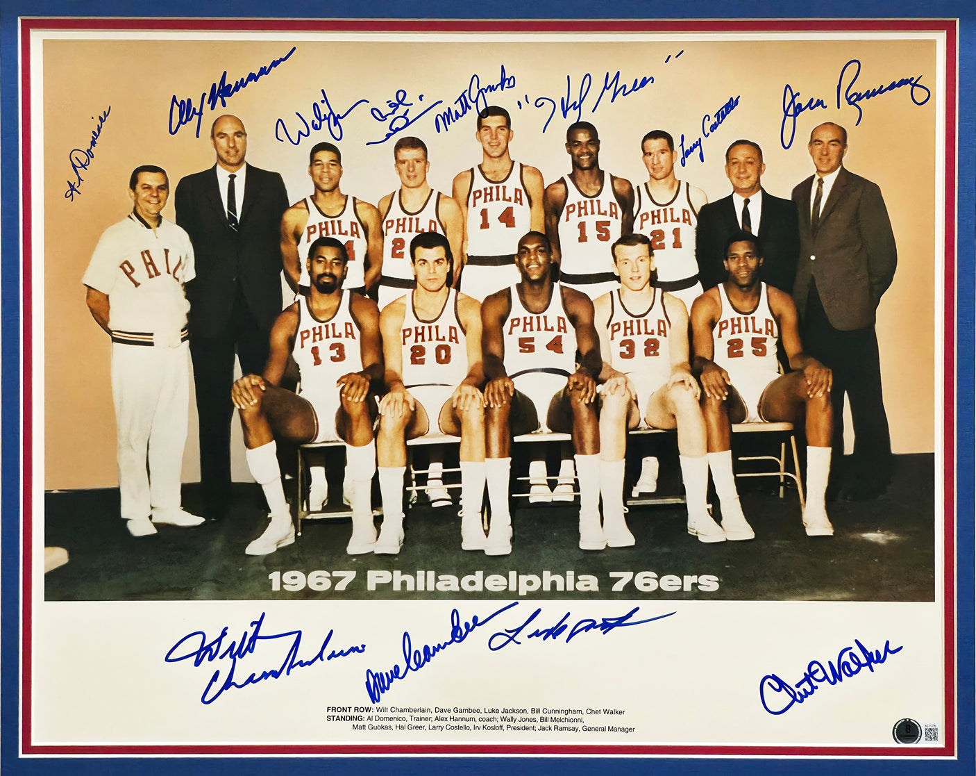 1967 Philadelphia 76ers Team Autographed Framed 16x20 Photo With 12 Signatures Including Wilt Chamberlain Beckett BAS #AE31376
