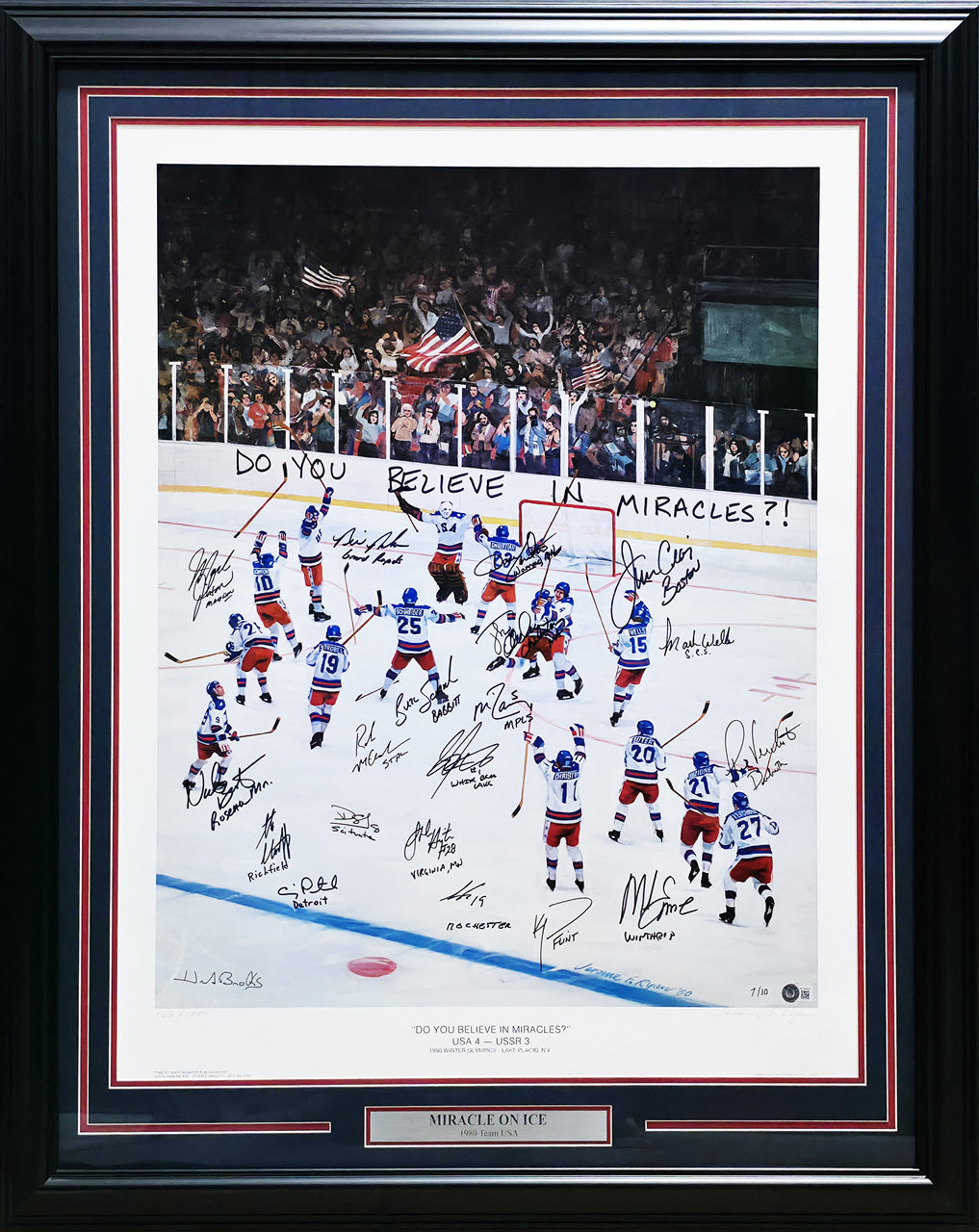 1980 Team USA Hockey Team Autographed Framed 26x32 Lithograph Photo "Do You Believe In Miracles?!" With 20 Signatures Including Herb Brooks Beckett BAS #AC40053