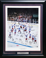 1980 Team USA Hockey Team Autographed Framed 26x32 Lithograph Photo "Do You Believe In Miracles?!" With 20 Signatures Including Herb Brooks Beckett BAS #AC40053