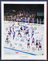 1980 Team USA Hockey Team Autographed Framed 26x32 Lithograph Photo "Do You Believe In Miracles?!" With 20 Signatures Including Herb Brooks Beckett BAS #AC40053