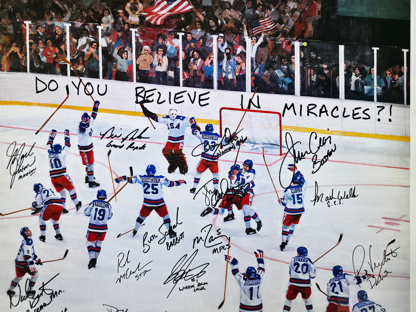 1980 Team USA Hockey Team Autographed Framed 26x32 Lithograph Photo "Do You Believe In Miracles?!" With 20 Signatures Including Herb Brooks Beckett BAS #AC40053