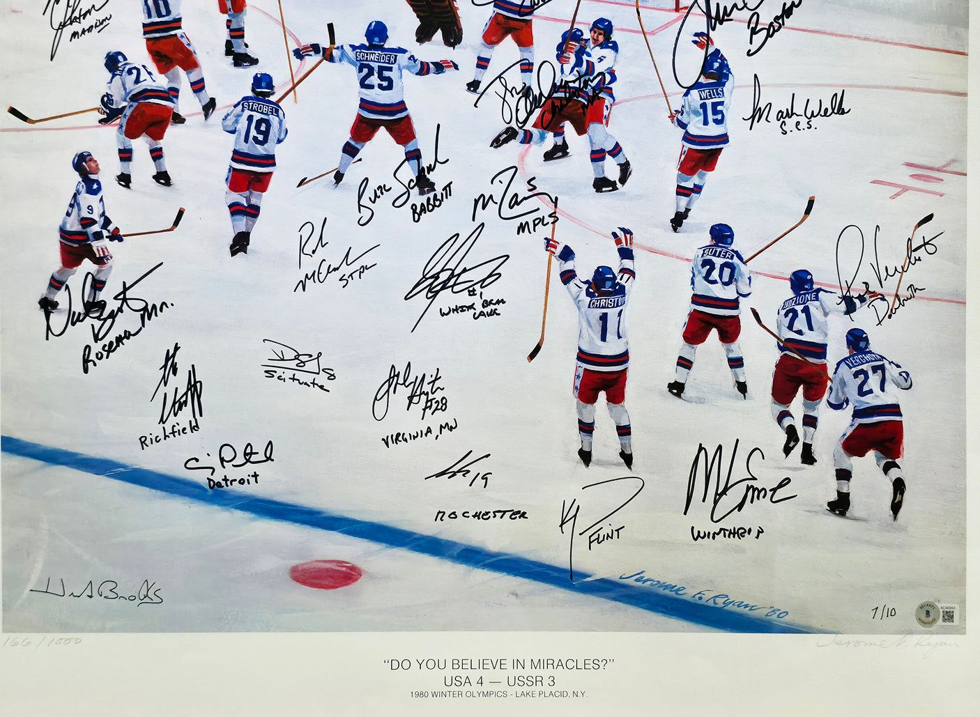 1980 Team USA Hockey Team Autographed Framed 26x32 Lithograph Photo "Do You Believe In Miracles?!" With 20 Signatures Including Herb Brooks Beckett BAS #AC40053
