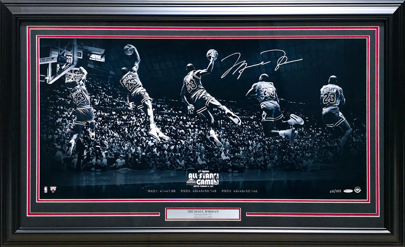 Michael Jordan Autographed Framed 18x36 'Kiss the Rim' Photo Chicago Bulls 1987 NBA Slam Dunk Contest #65/123 UDA Holo #BAM147630