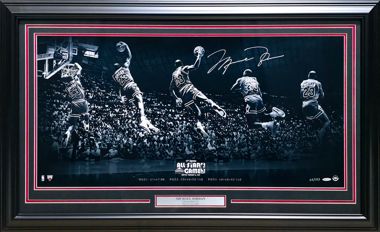 Michael Jordan Autographed Framed 18x36 'Kiss the Rim' Photo Chicago Bulls 1987 NBA Slam Dunk Contest #65/123 UDA Holo #BAM147630