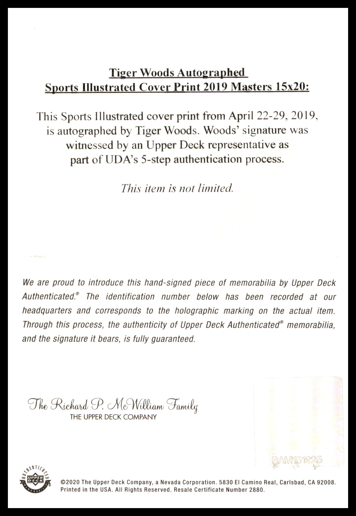 Tiger Woods Autographed Framed Sports Illustrated Cover 16x20 Photo 2019 Masters UDA Holo #BAM151225