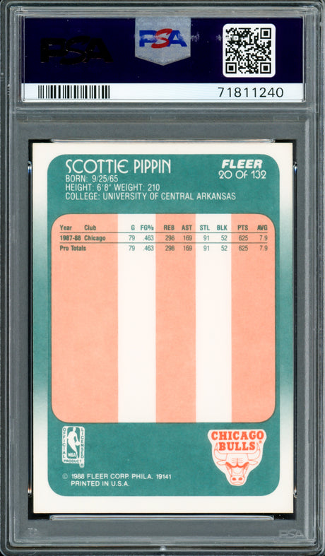 Scottie Pippen Autographed 1988-89 Fleer Rookie Card #20 Chicago Bulls Auto Grade Gem Mint 10 PSA/DNA #71811240