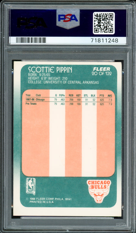 Scottie Pippen Autographed 1988-89 Fleer Rookie Card #20 Chicago Bulls Auto Grade Gem Mint 10 PSA/DNA #71811248