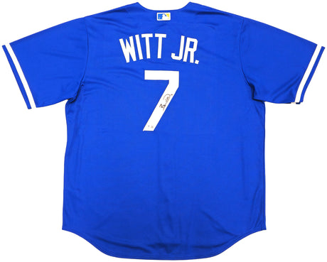 Kansas City Royals Bobby Witt Jr. Autographed Blue Nike Jersey Size XL Beckett BAS Witness Stock #228964