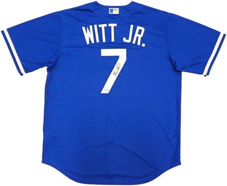 Kansas City Royals Bobby Witt Jr. Autographed Blue Nike Jersey Size L Beckett BAS Witness Stock #228963