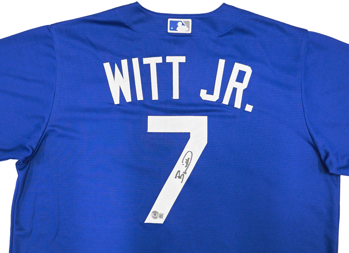 Kansas City Royals Bobby Witt Jr. Autographed Blue Nike Jersey Size L Beckett BAS Witness Stock #228963