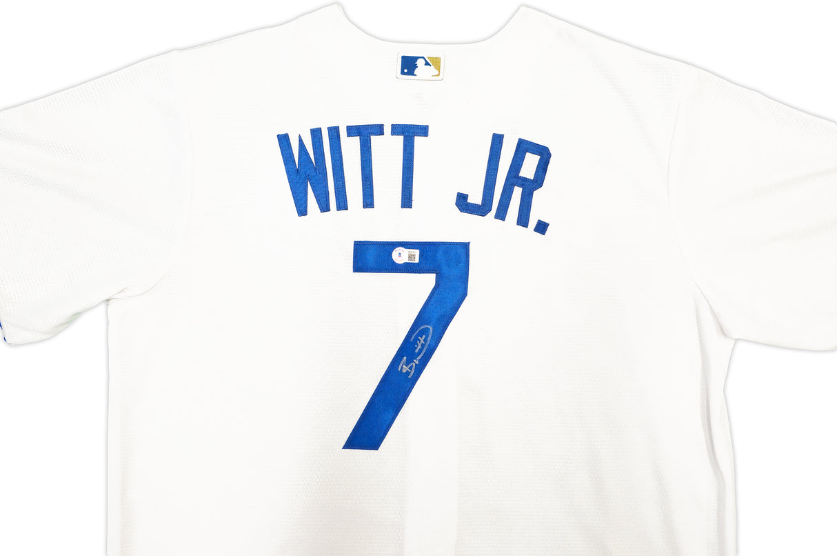 Kansas City Royals Bobby Witt Jr. Autographed White Nike Jersey Size L Beckett BAS Witness Stock #228961