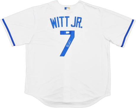 Kansas City Royals Bobby Witt Jr. Autographed White Nike Jersey Size XL Beckett BAS Witness Stock #228962